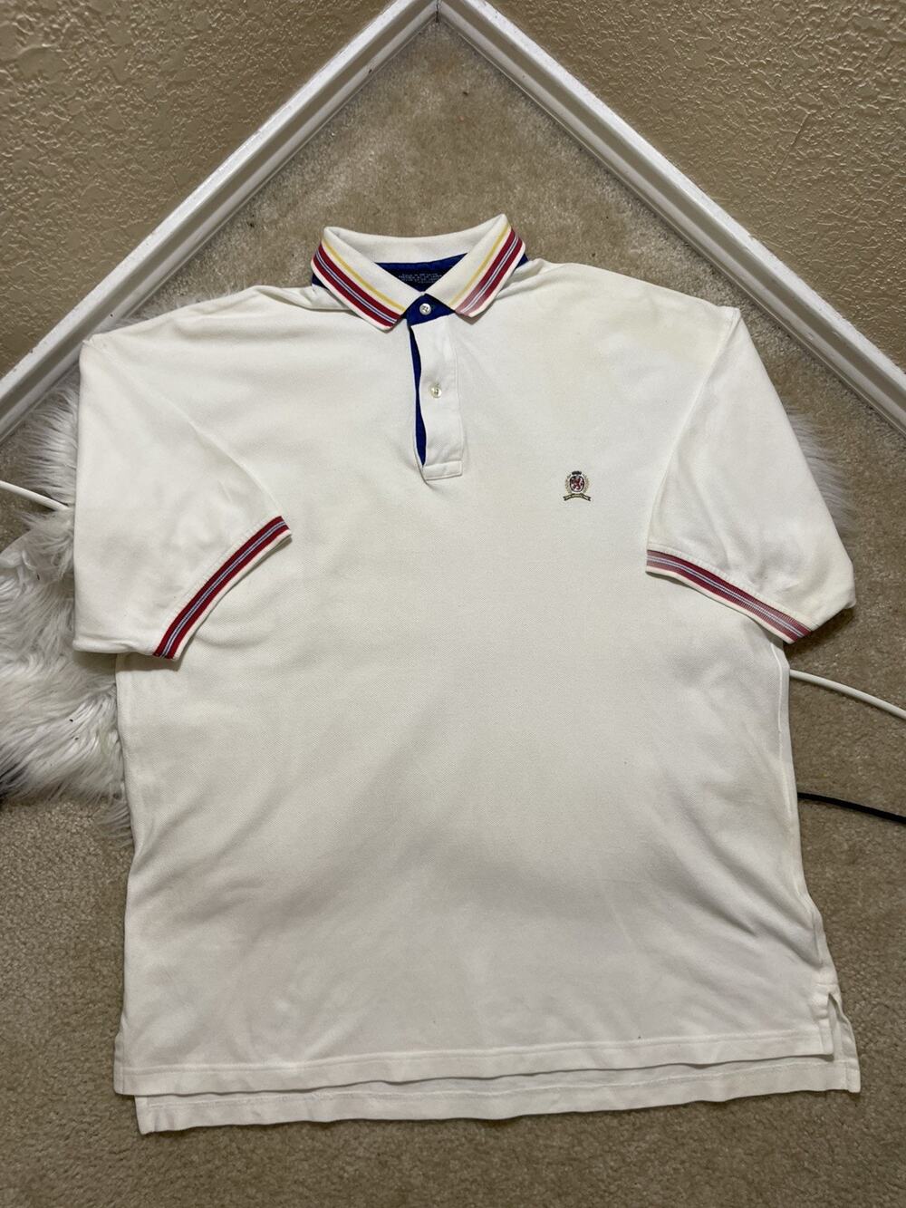 Vintage 90s Tommy Hilfiger Polo Shirt / Embroidered / White / XL / Crest Logo